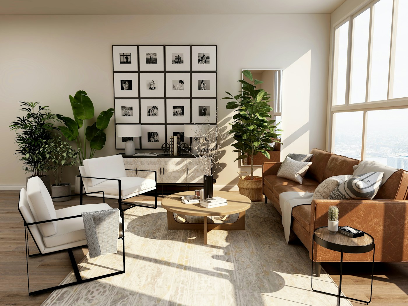 Warm, elegantly furnished living room with natural light